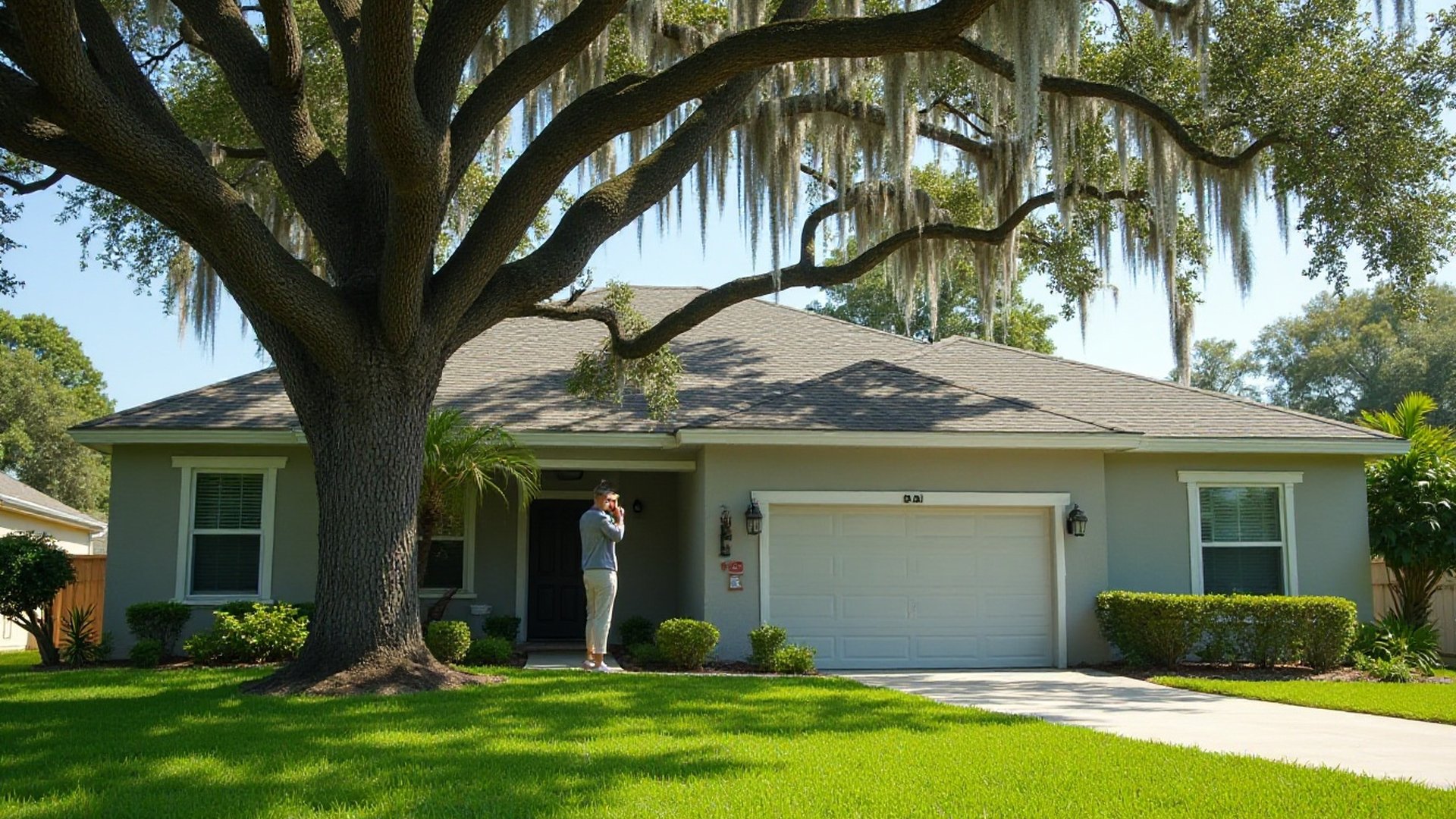 Huge moss-draped oak in front of a one-story home, with a homeowner on the lawn