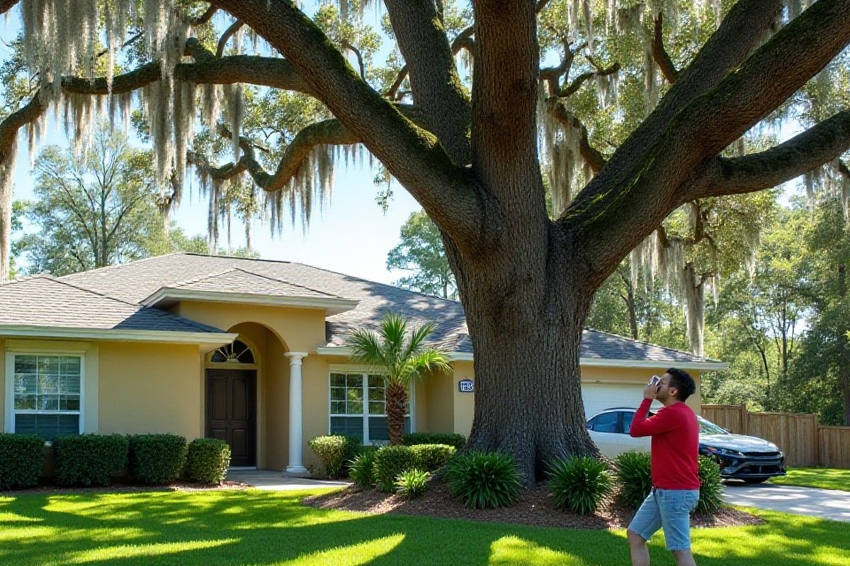 Homeowner on the phone beside a large oak in a front yard