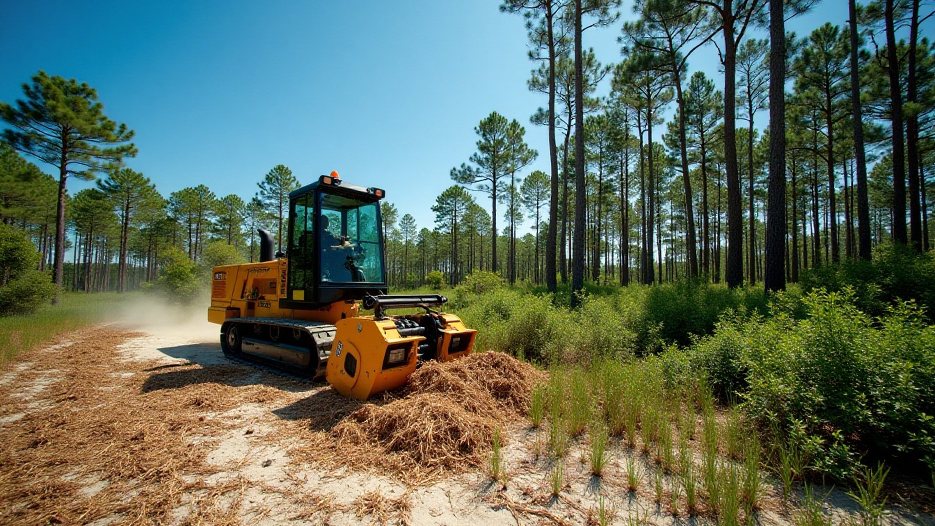 Forestry mulcher clearing scrub under tall pines on sandy ground