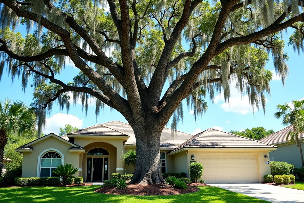 Oak limbs spreading over the roof of a one-story home