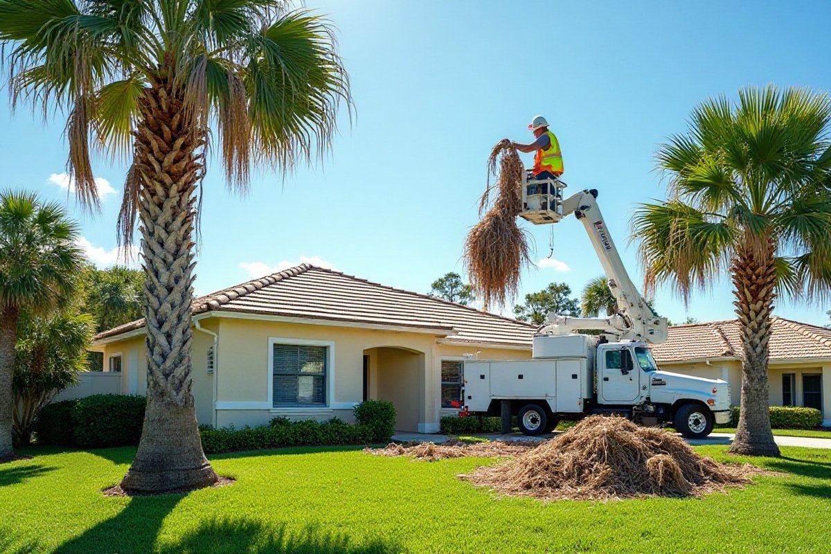 Worker in a bucket cutting brown fronds from a palm, with a frond pile below