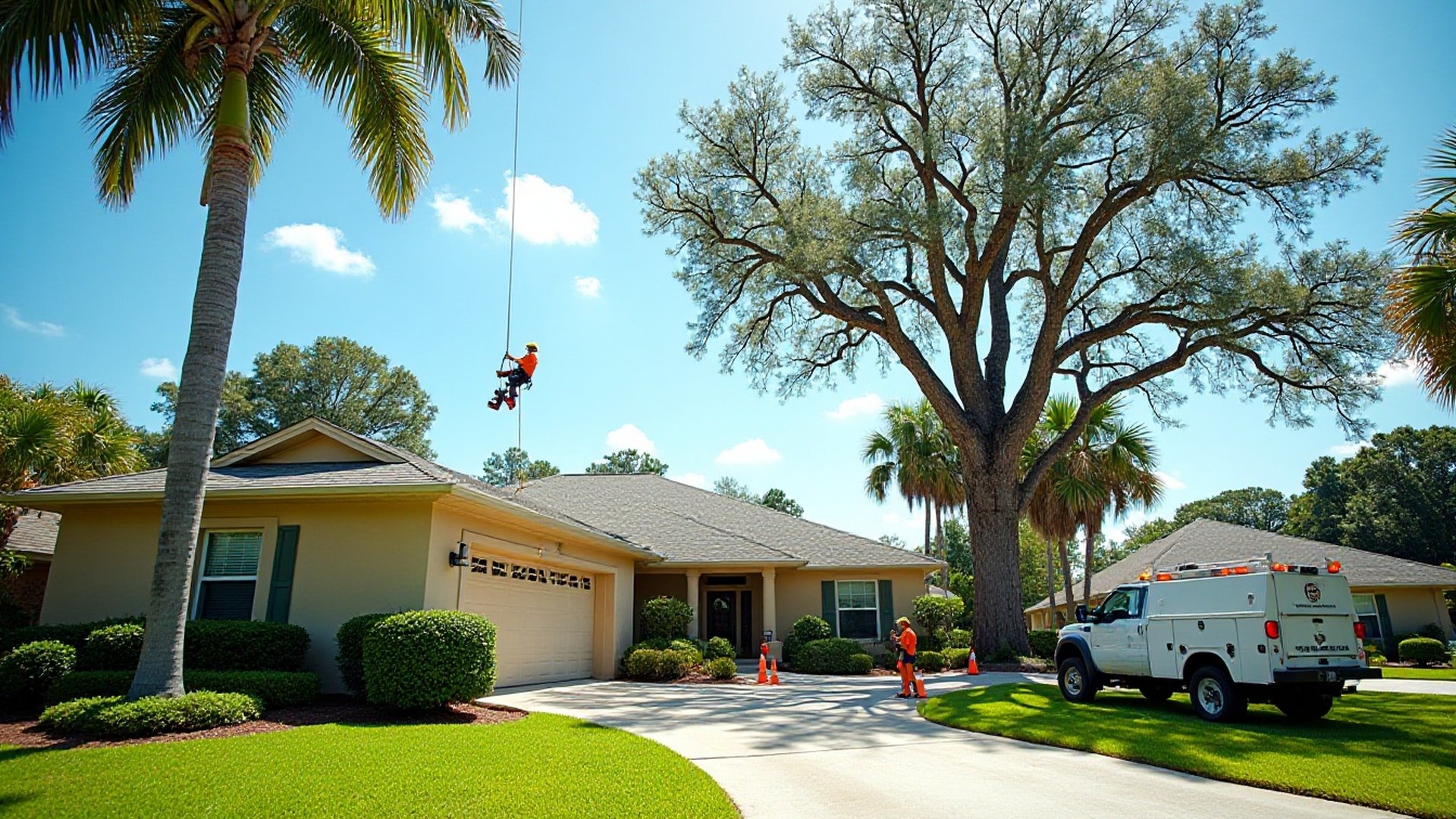 Tree crew with a truck and cones working on a big moss-draped oak beside a one-story home