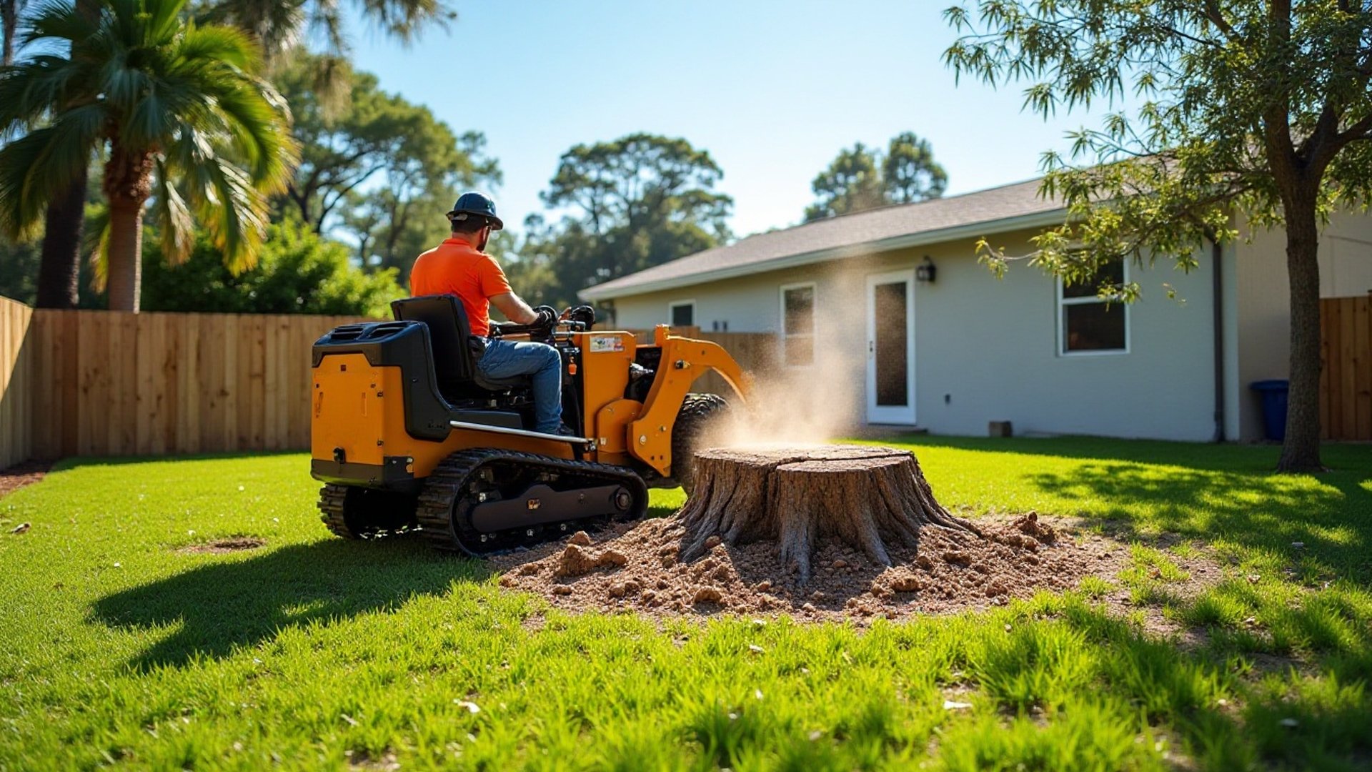 Worker on a stump grinder cutting a stump in a fenced back yard