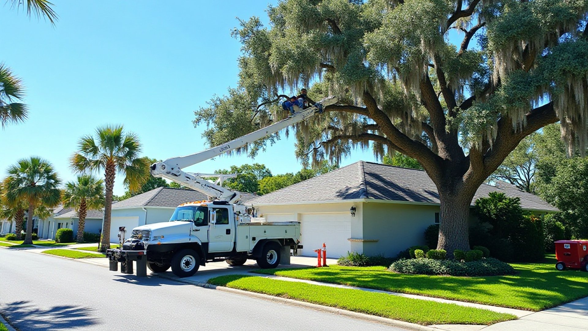 Bucket truck lifting a worker into a large oak beside a one-story home